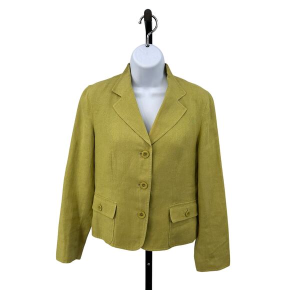 Talbots Green Jacket WMN 4 Petite Work Blazer 3 Button Notch Lapel 100% Linen LS - Picture 1 of 7